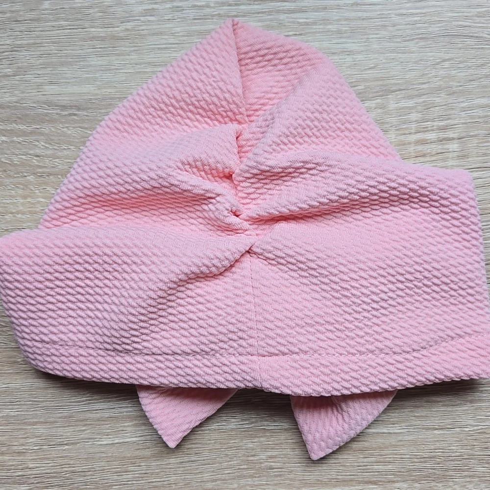 Baby Girl Pink Turban Hat Waffle Knit Big Bow Beanie Wrap Headband Sz 0-12M